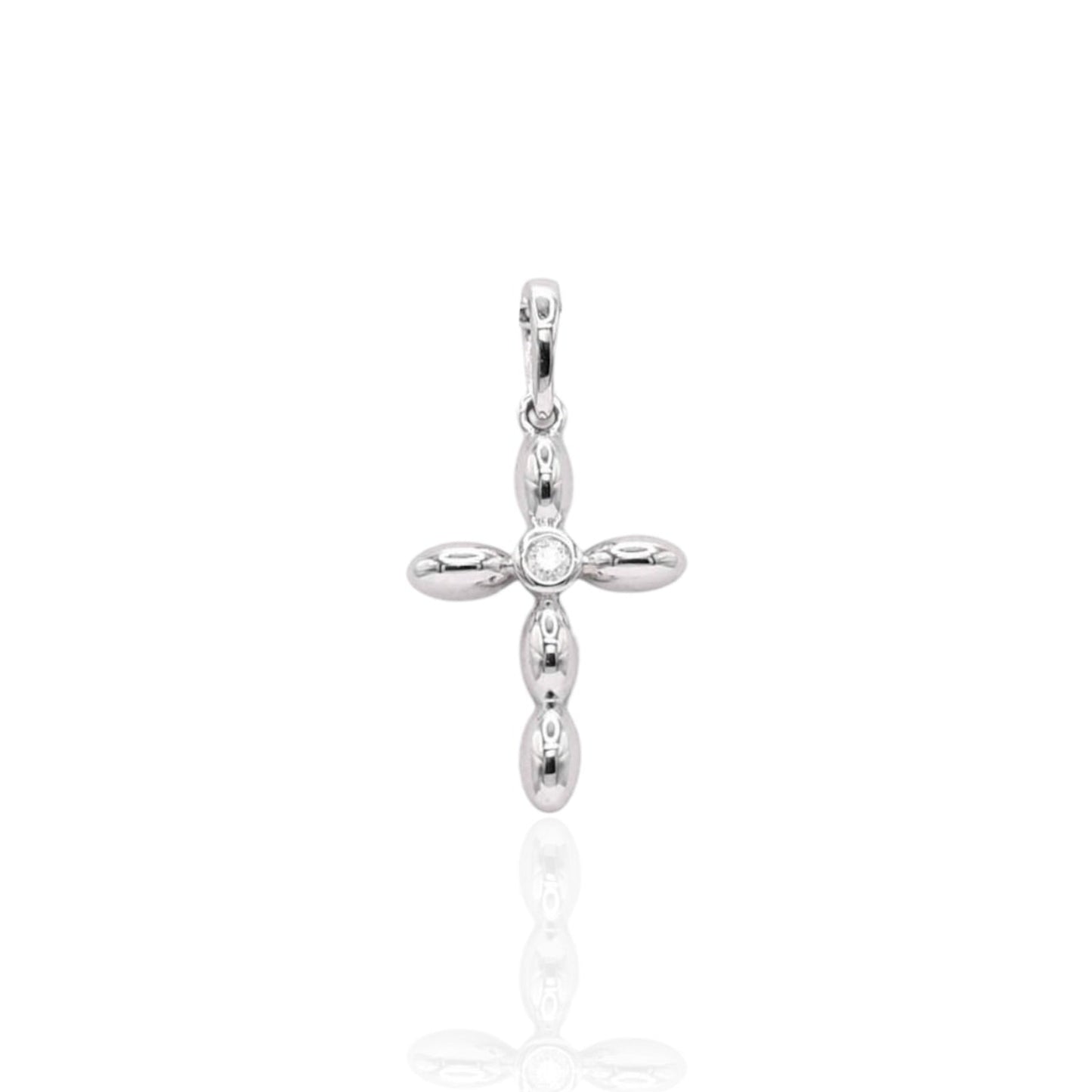 Bubbled Cross Pendant with Center Diamond 14K White Gold 0.02ctttw