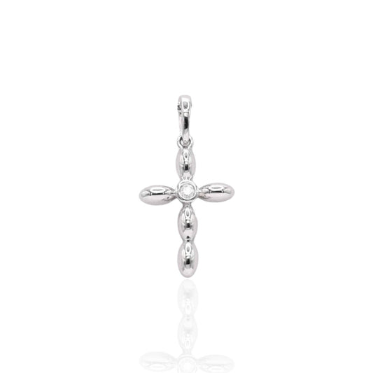 Bubbled Cross Pendant with Center Diamond 14K White Gold 0.02ctttw