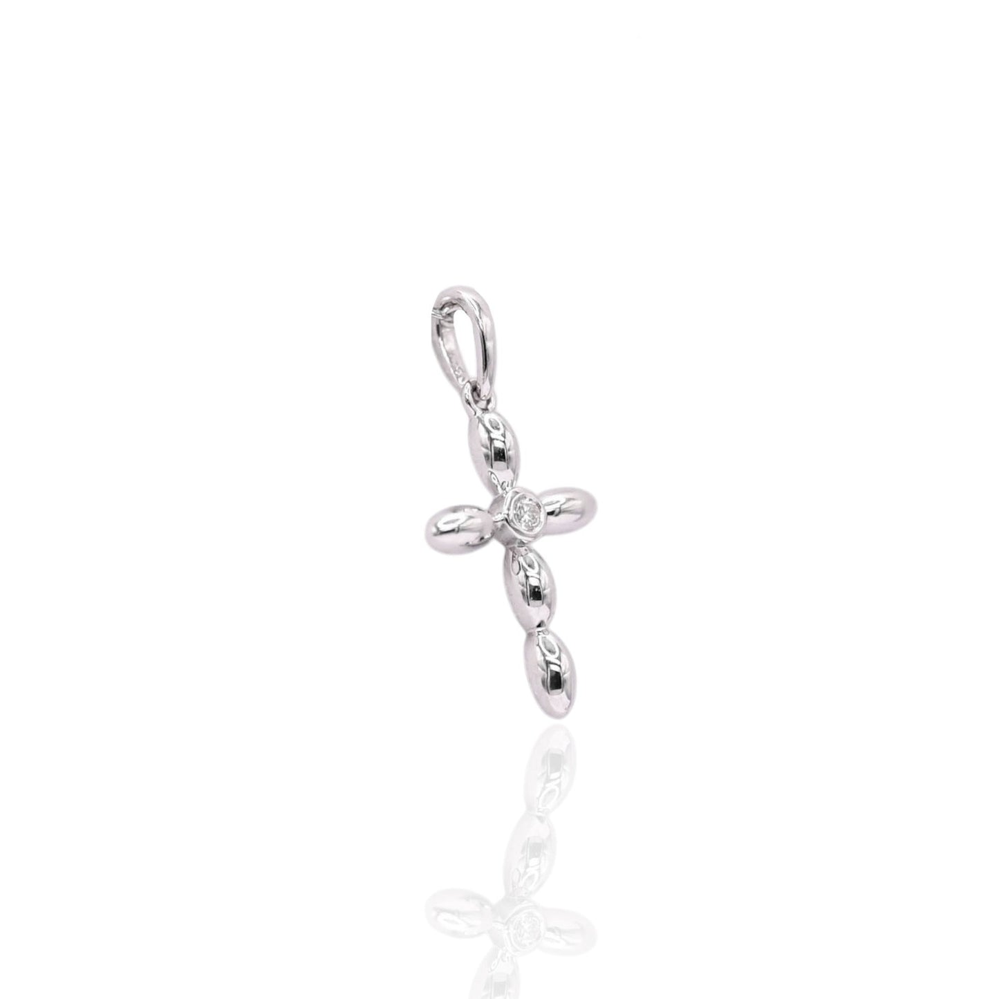 Bubbled Cross Pendant with Center Diamond 14K White Gold 0.02ctttw