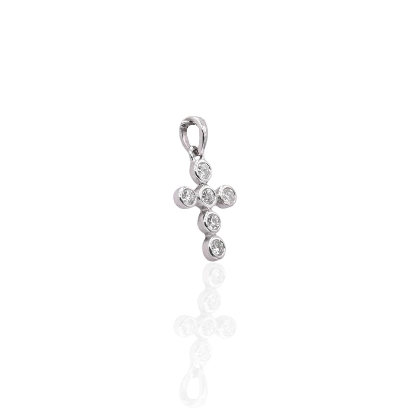 Round Bezel Cross with Diamonds Pendant 14K White Gold 0.12cttw