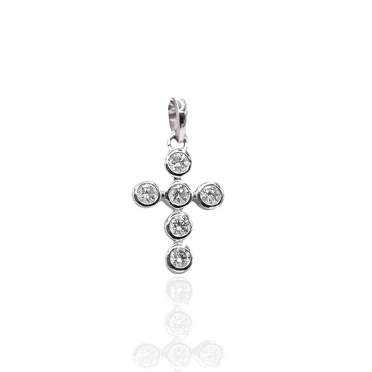 Round Bezel Cross with Diamonds Pendant 14K White Gold 0.12cttw