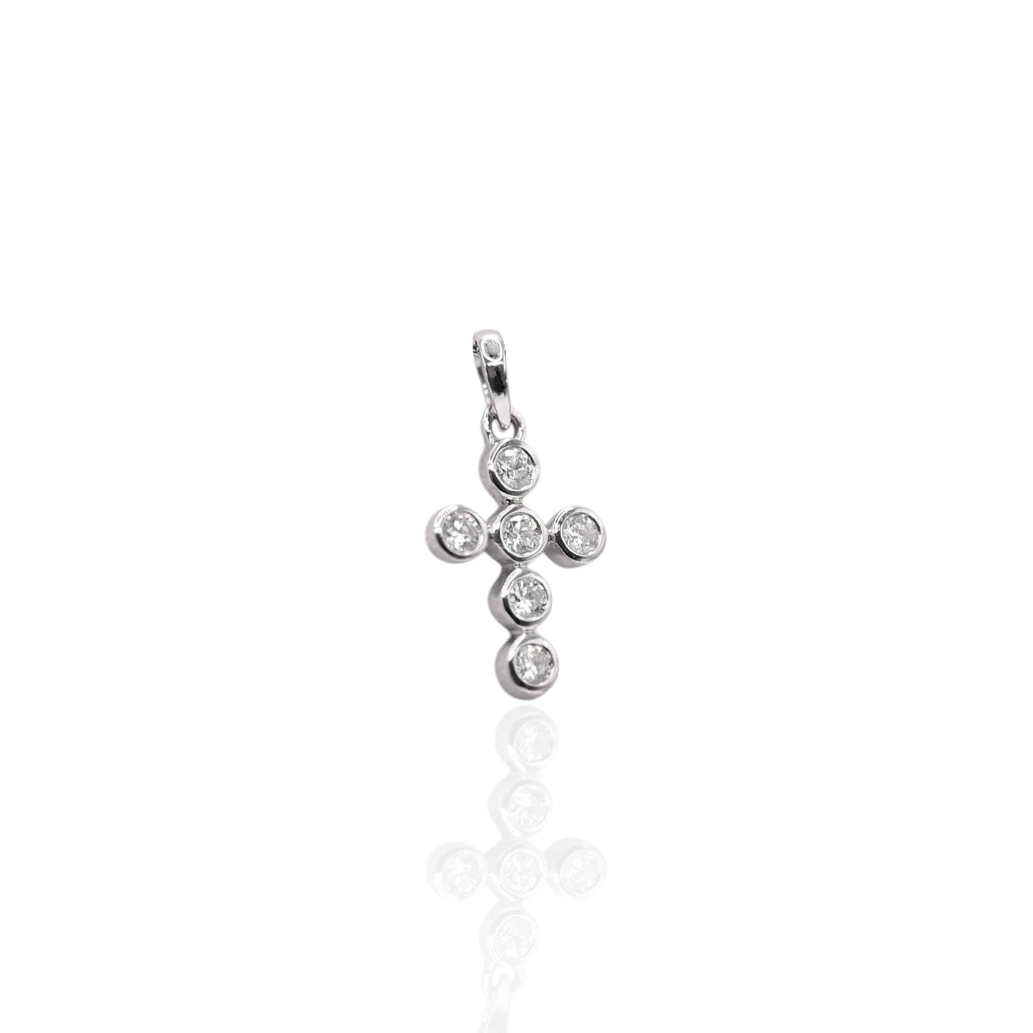 Round Bezel Cross with Diamonds Pendant 14K White Gold 0.12cttw