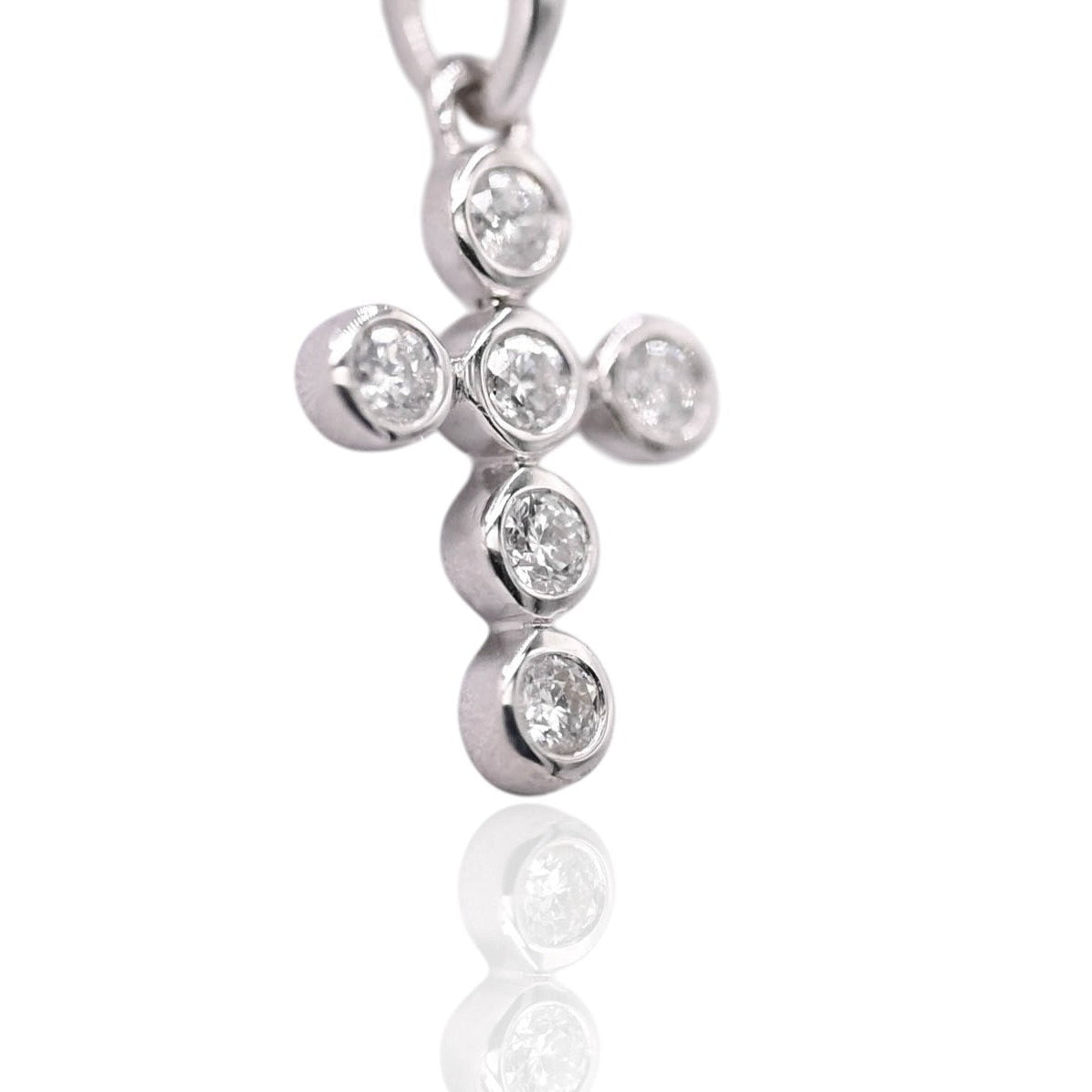 Round Bezel Cross with Diamonds Pendant 14K White Gold 0.12cttw