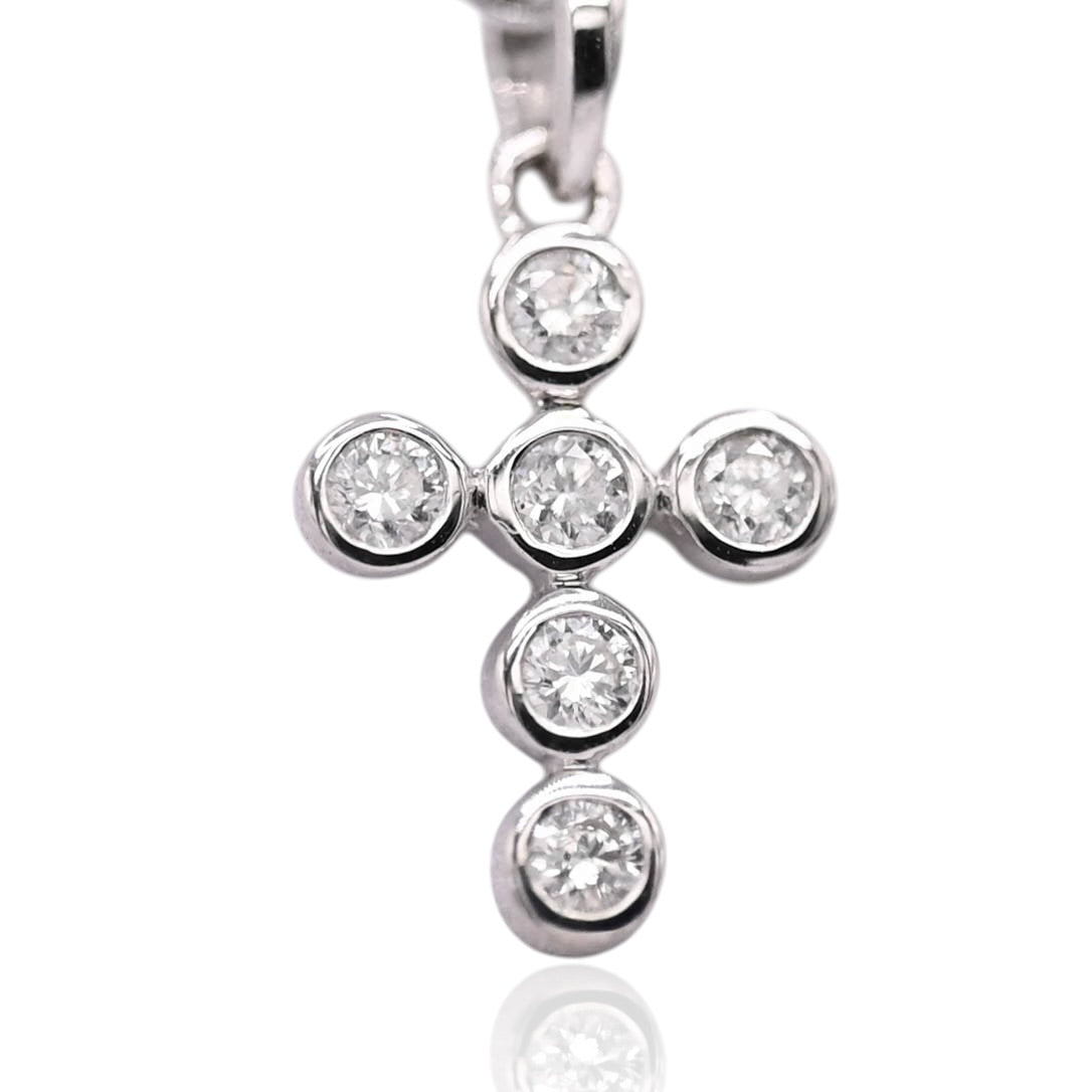 Round Bezel Cross with Diamonds Pendant 14K White Gold 0.12cttw