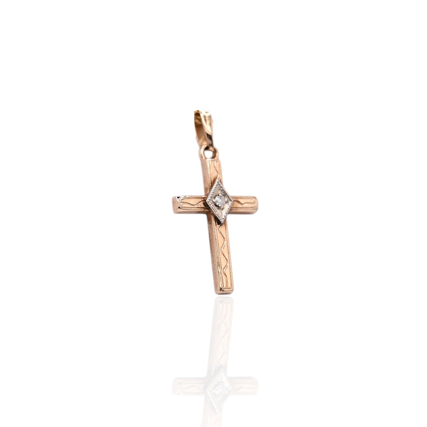 Two Tone Ornate Cross Pendant with Center Diamond 14K Yellow Gold and 14K White Gold 0.01cttw