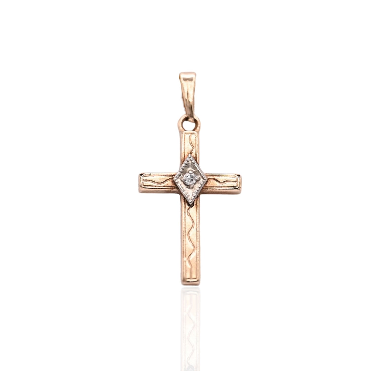 Two Tone Ornate Cross Pendant with Center Diamond 14K Yellow Gold and 14K White Gold 0.01cttw
