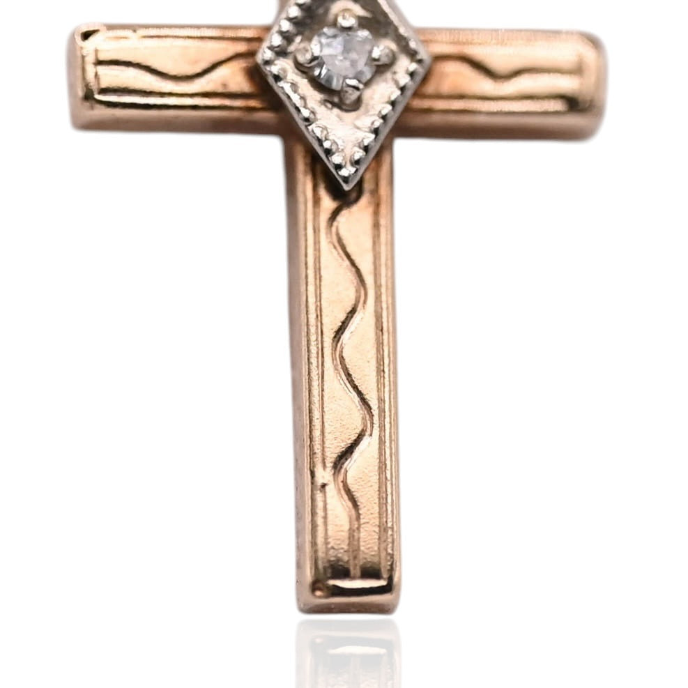 Two Tone Ornate Cross Pendant with Center Diamond 14K Yellow Gold and 14K White Gold 0.01cttw
