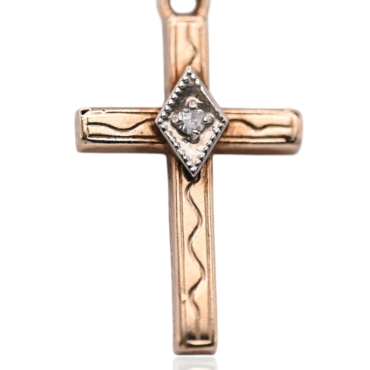 Two Tone Ornate Cross Pendant with Center Diamond 14K Yellow Gold and 14K White Gold 0.01cttw