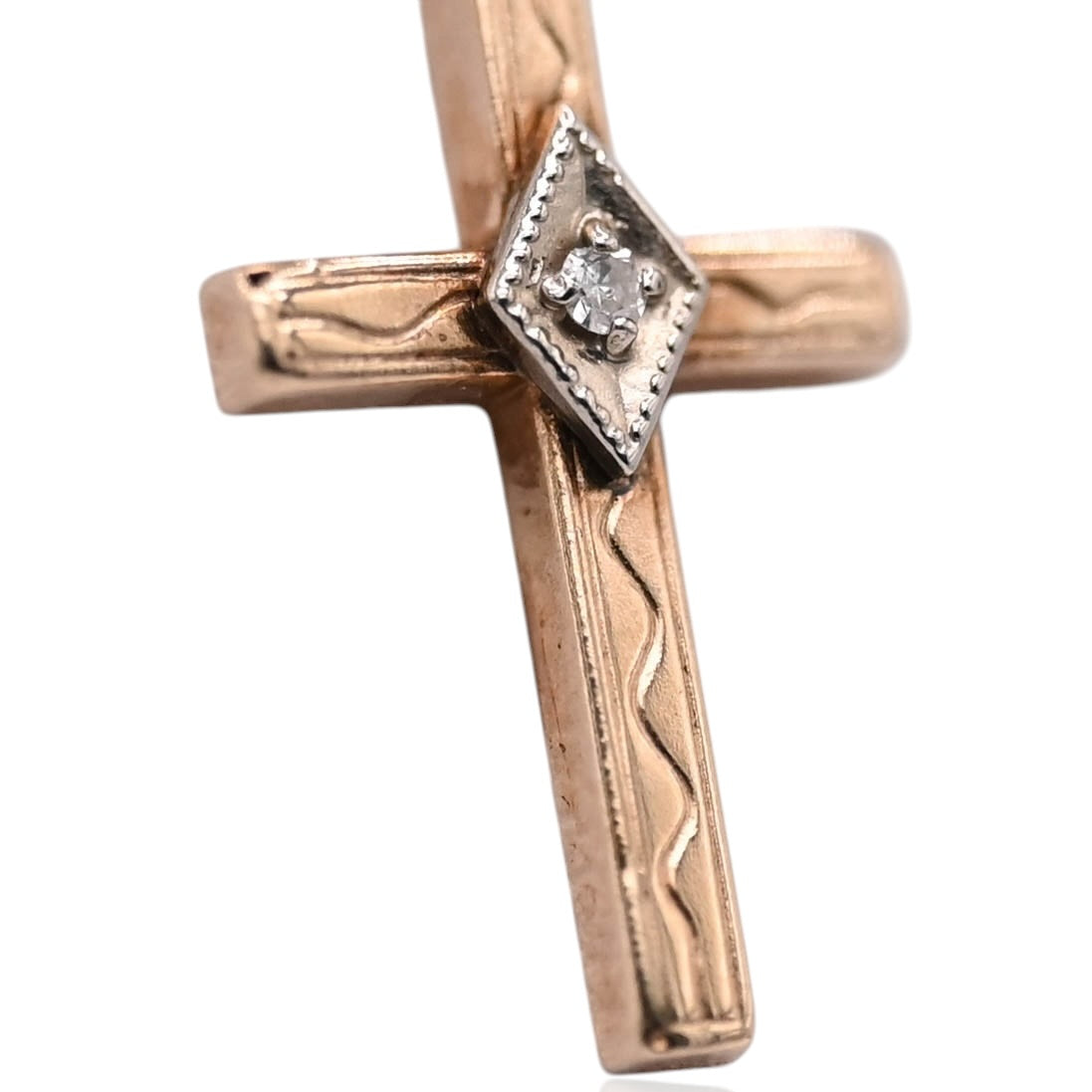 Two Tone Ornate Cross Pendant with Center Diamond 14K Yellow Gold and 14K White Gold 0.01cttw
