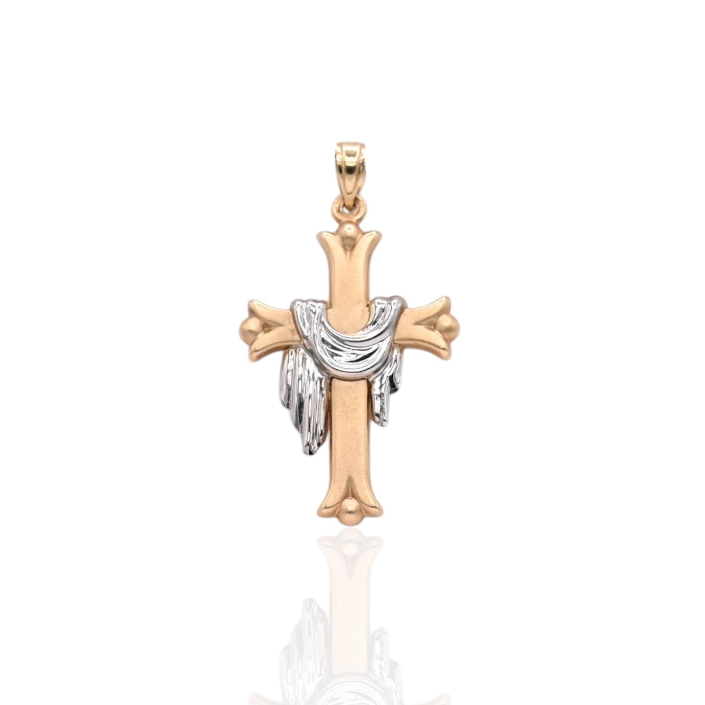 Two Tone Fleur de lis Lenten Cross Pendant 14K Yellow Gold and 14K White Gold