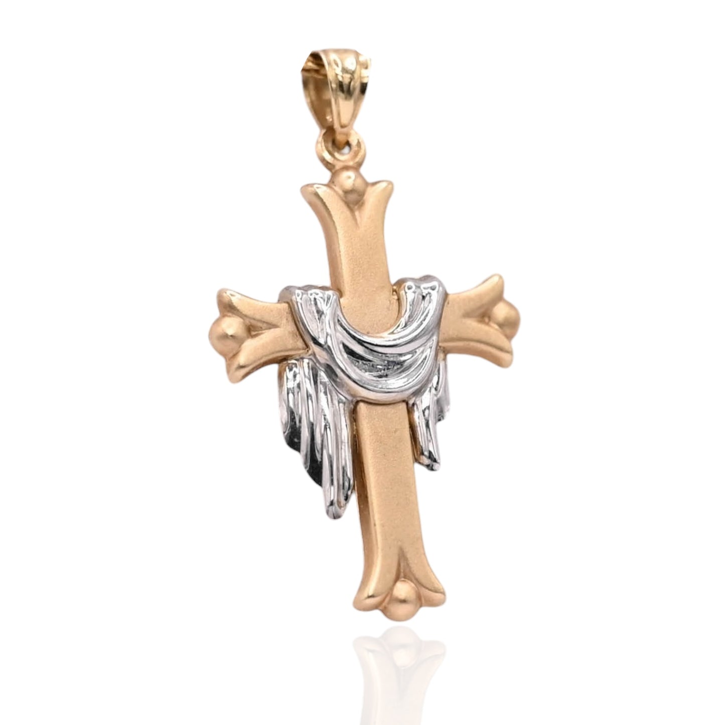 Two Tone Fleur de lis Lenten Cross Pendant 14K Yellow Gold and 14K White Gold