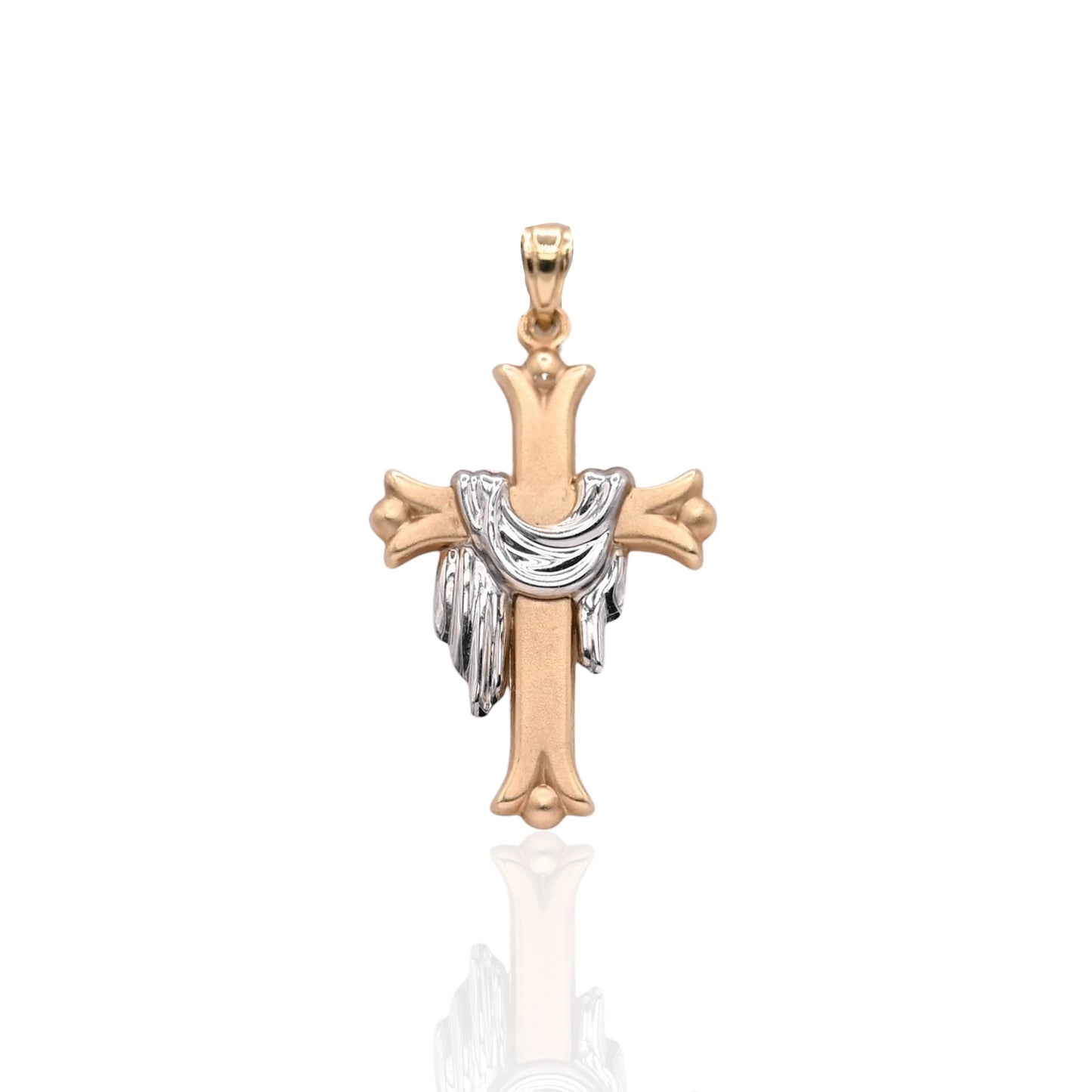 Two Tone Fleur de lis Lenten Cross Pendant 14K Yellow Gold and 14K White Gold