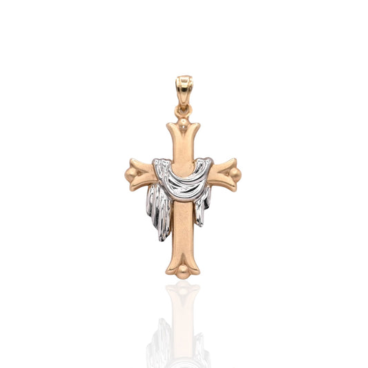 Two Tone Fleur de lis Lenten Cross Pendant 14K Yellow Gold and 14K White Gold
