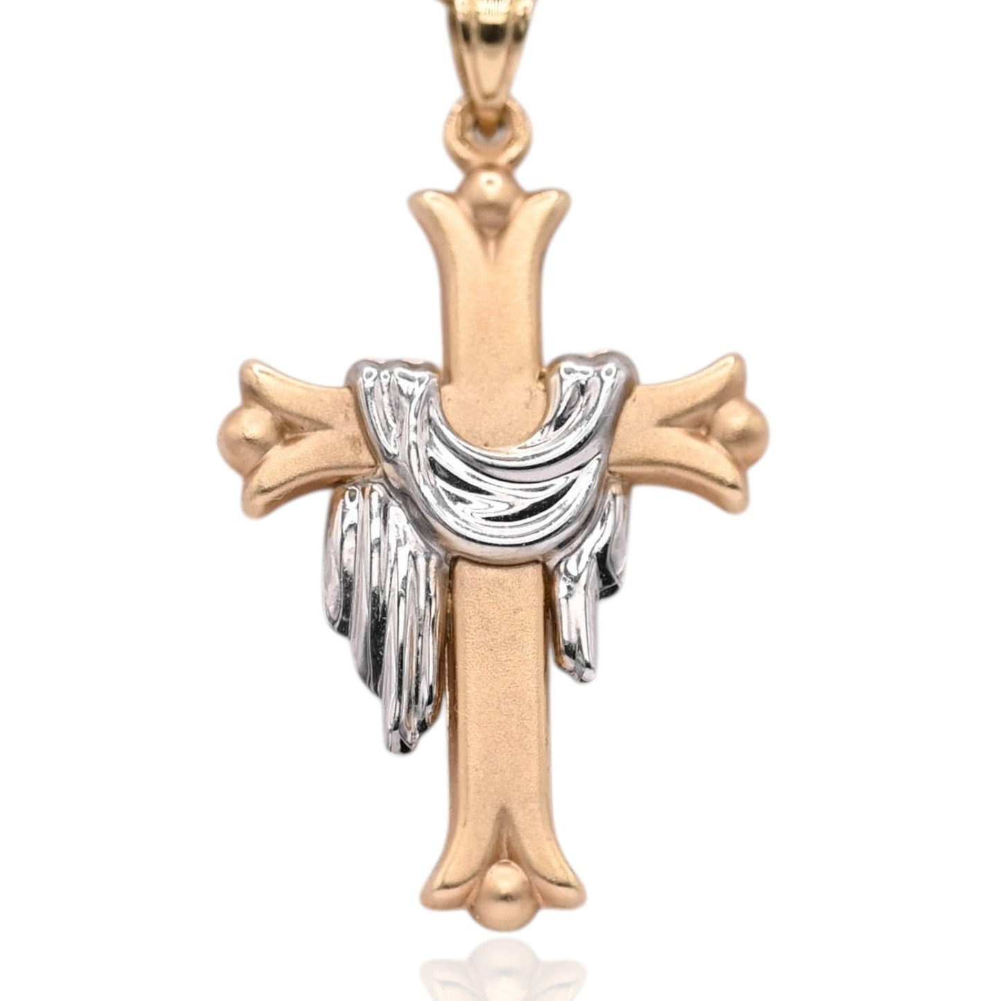 Two Tone Fleur de lis Lenten Cross Pendant 14K Yellow Gold and 14K White Gold