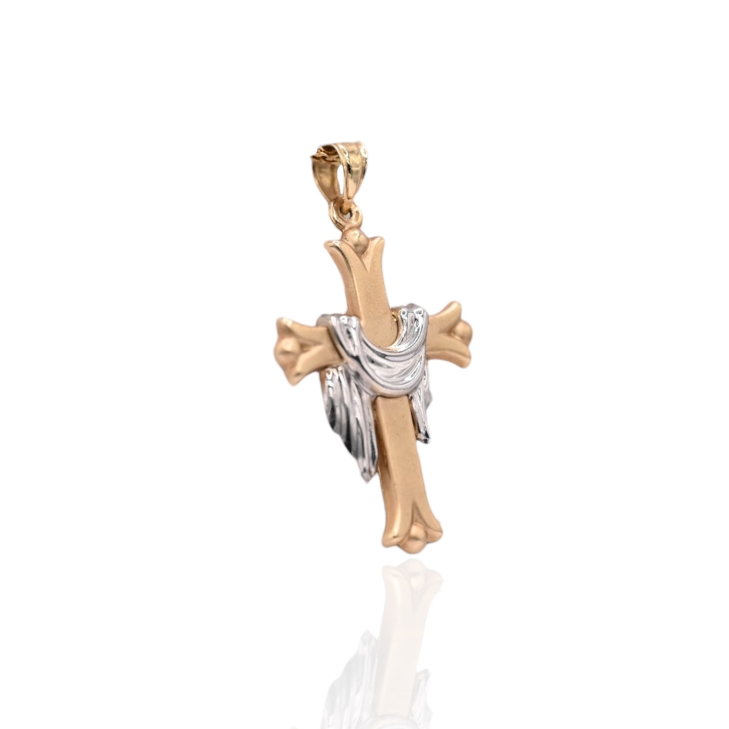 Two Tone Fleur de lis Lenten Cross Pendant 14K Yellow Gold and 14K White Gold