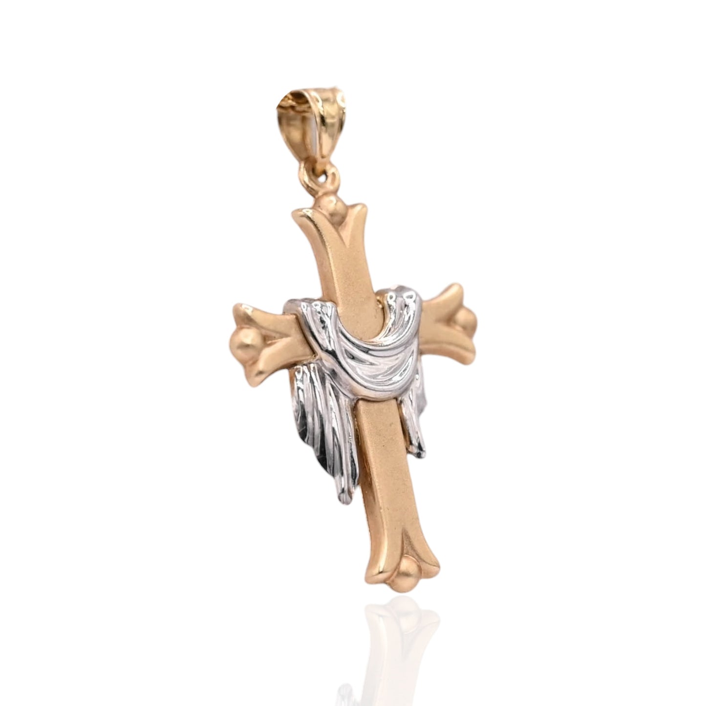 Two Tone Fleur de lis Lenten Cross Pendant 14K Yellow Gold and 14K White Gold