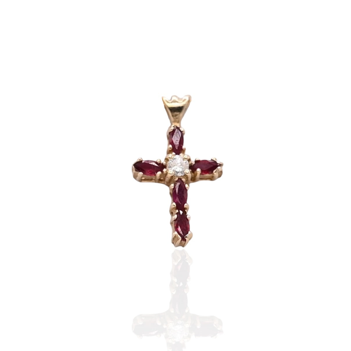 Ruby and Diamond Center Stone Bubble Cross Pendant 14K Yellow Gold