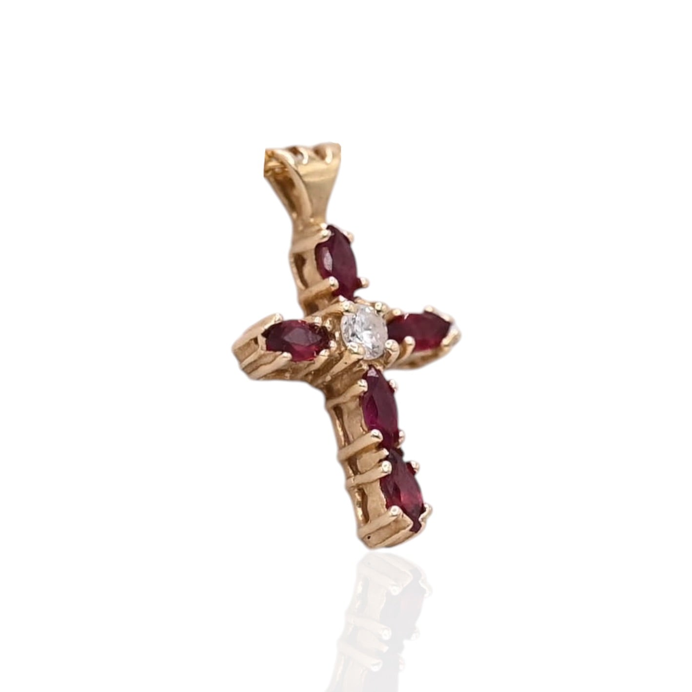 Ruby and Diamond Center Stone Bubble Cross Pendant 14K Yellow Gold