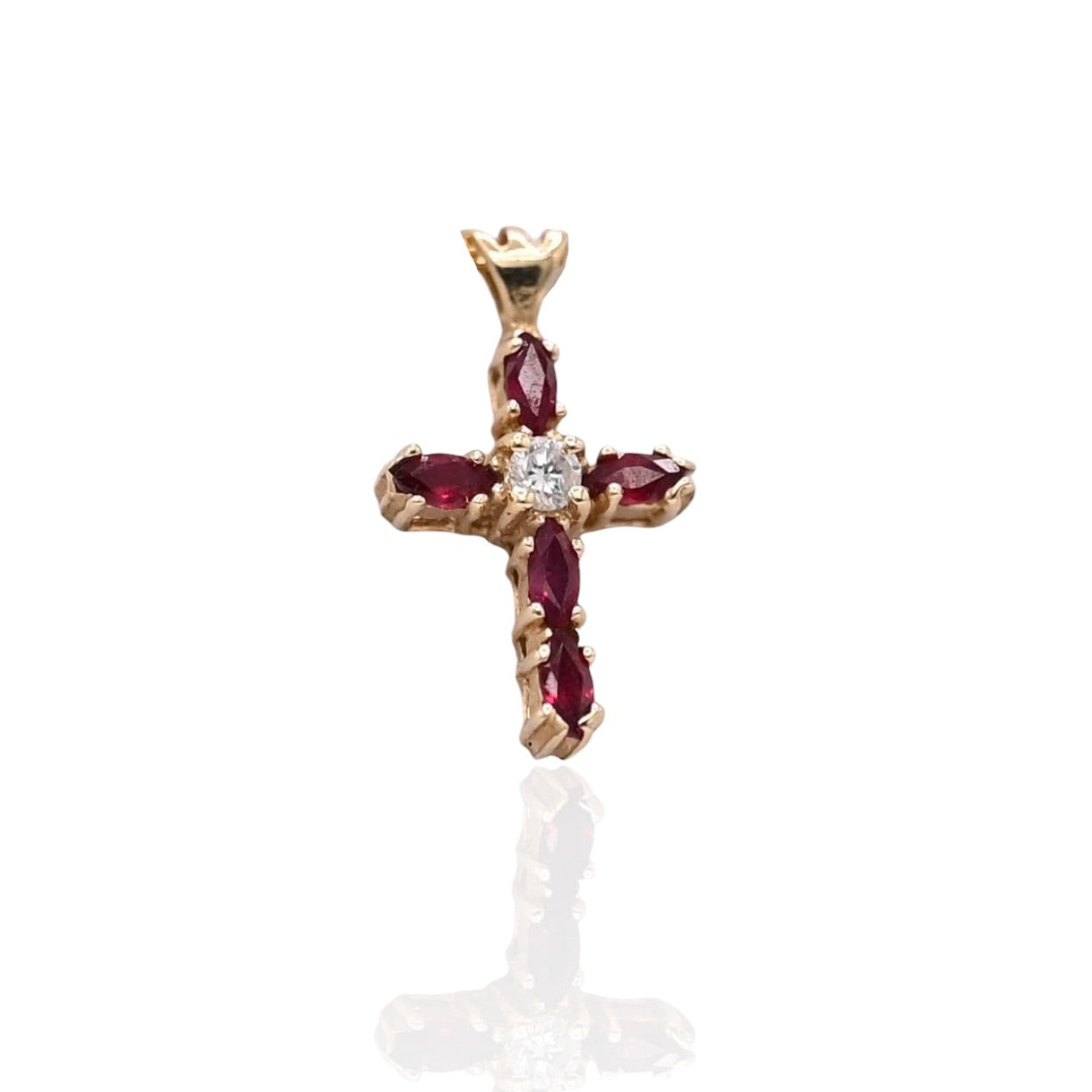 Ruby and Diamond Center Stone Bubble Cross Pendant 14K Yellow Gold