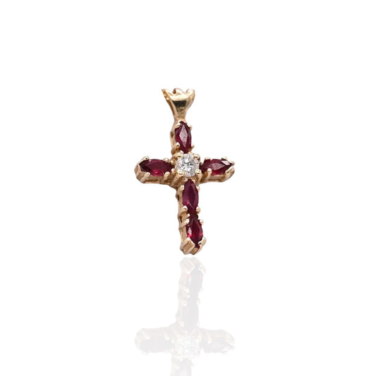 Ruby and Diamond Center Stone Bubble Cross Pendant 14K Yellow Gold