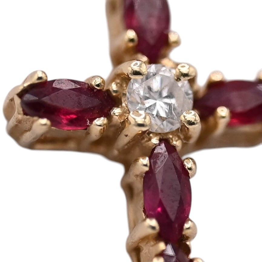 Ruby and Diamond Center Stone Bubble Cross Pendant 14K Yellow Gold