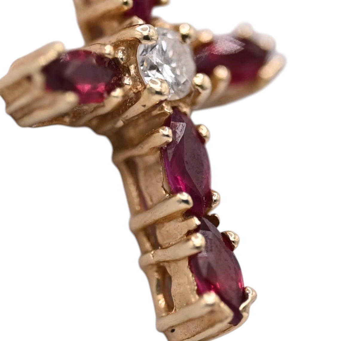 Ruby and Diamond Center Stone Bubble Cross Pendant 14K Yellow Gold