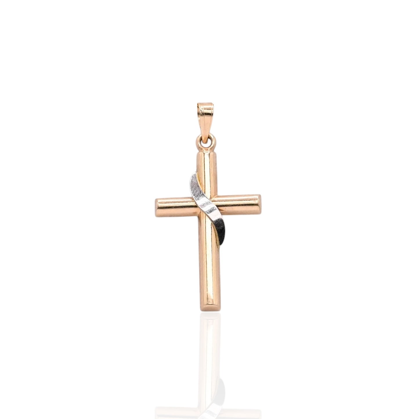 Two Tone Draped Tube Cross Pendant 14K Yellow Gold and 14K White Gold