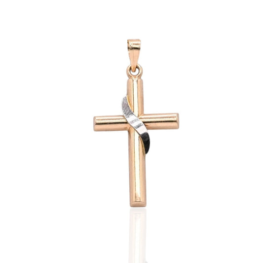 Two Tone Draped Tube Cross Pendant 14K Yellow Gold and 14K White Gold