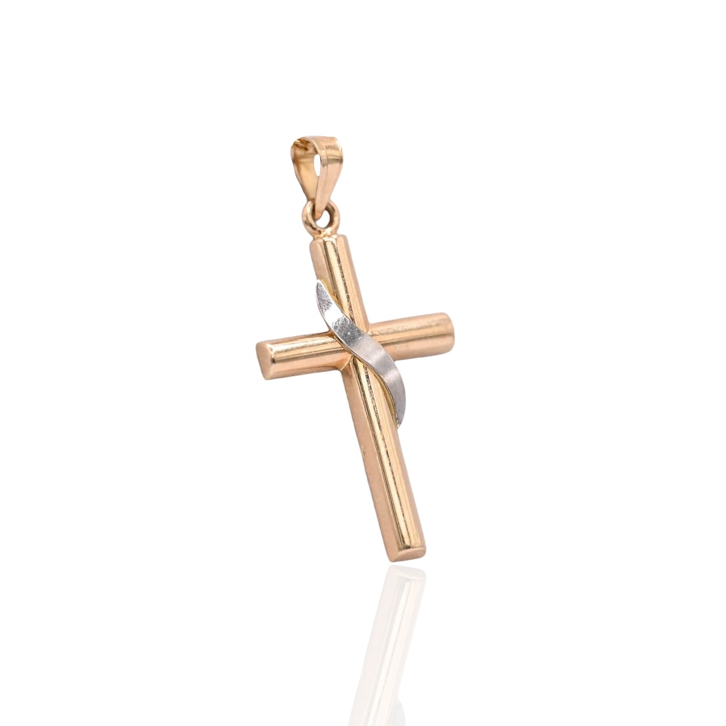 Two Tone Draped Tube Cross Pendant 14K Yellow Gold and 14K White Gold