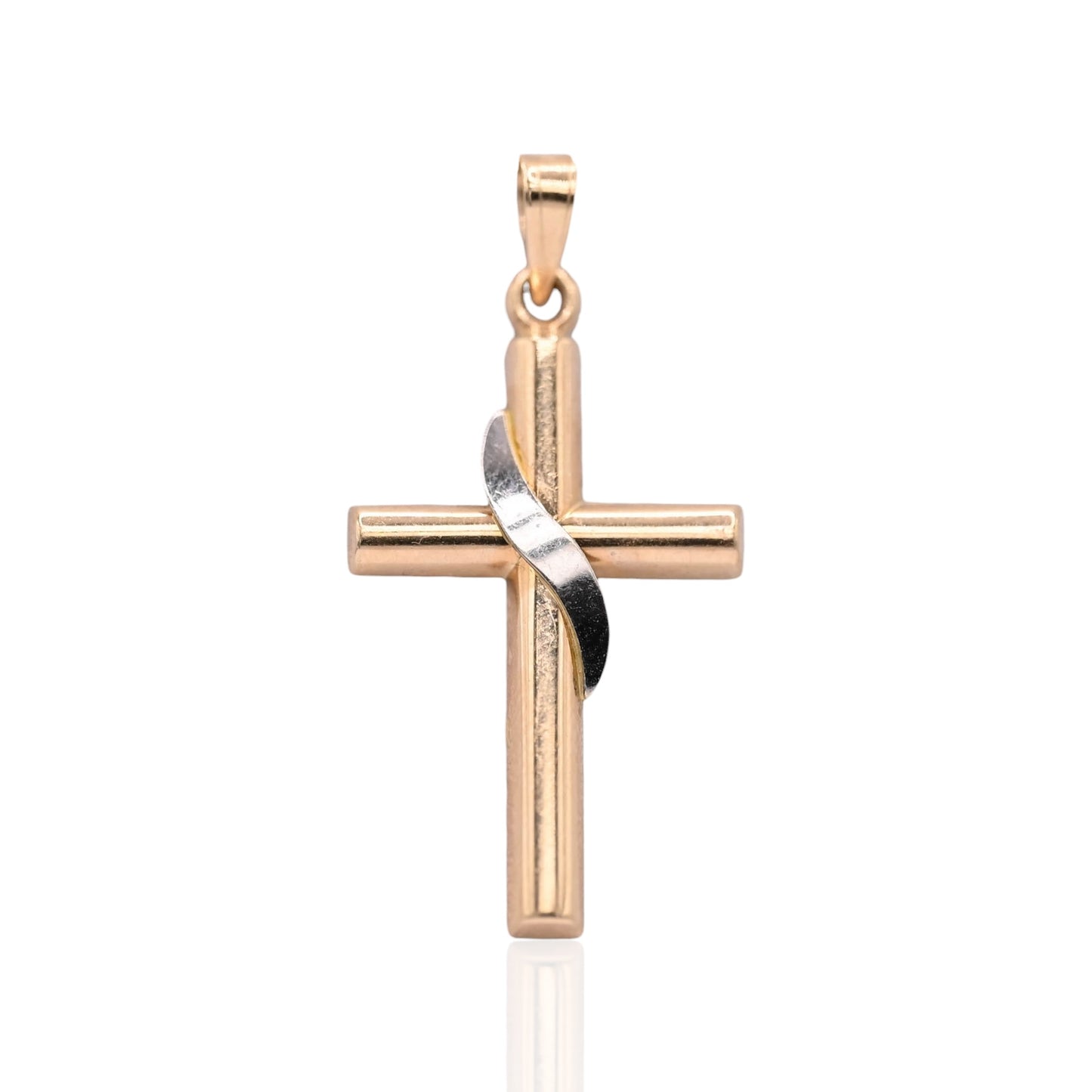 Two Tone Draped Tube Cross Pendant 14K Yellow Gold and 14K White Gold