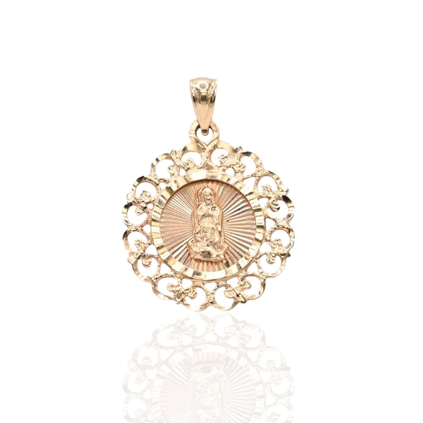 Round Filigree Our Lady of Guadalupe Saint Pendant 14K Yellow Gold
