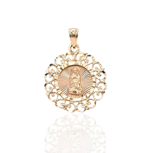 Round Filigree Our Lady of Guadalupe Saint Pendant 14K Yellow Gold