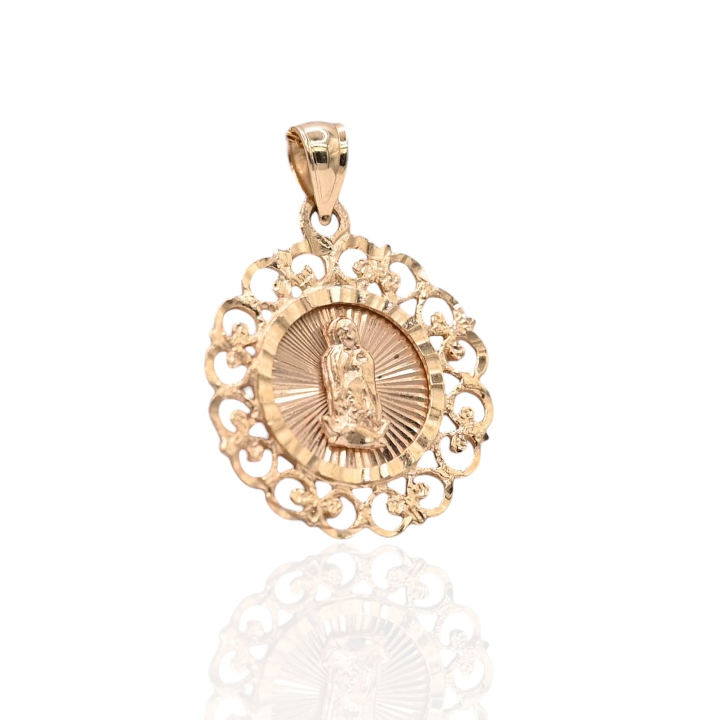 Round Filigree Our Lady of Guadalupe Saint Pendant 14K Yellow Gold