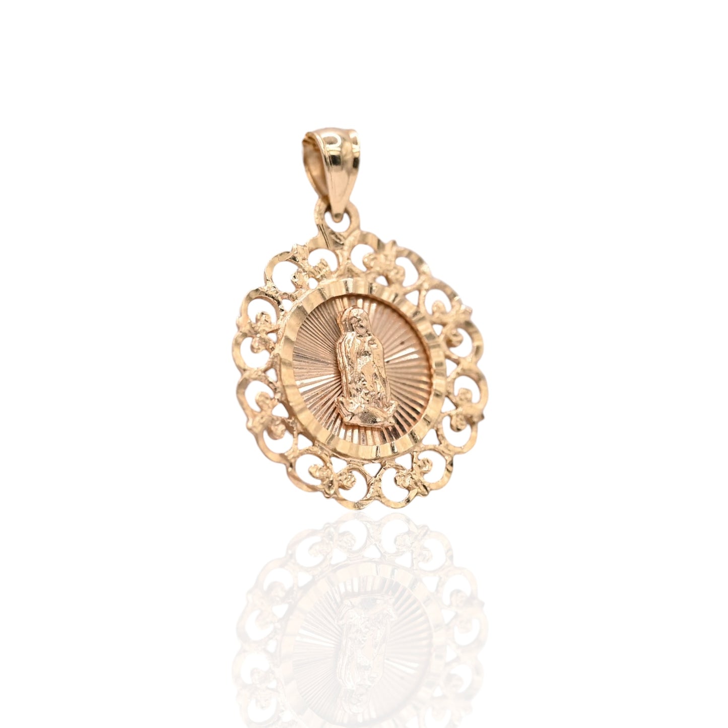 Round Filigree Our Lady of Guadalupe Saint Pendant 14K Yellow Gold