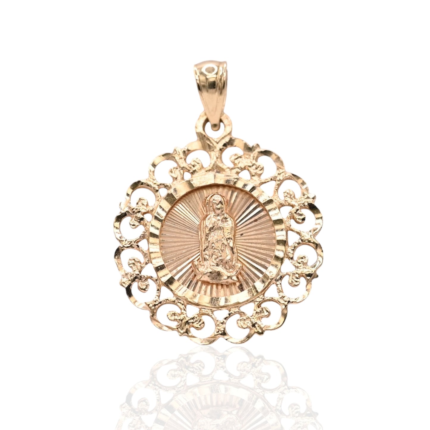 Round Filigree Our Lady of Guadalupe Saint Pendant 14K Yellow Gold