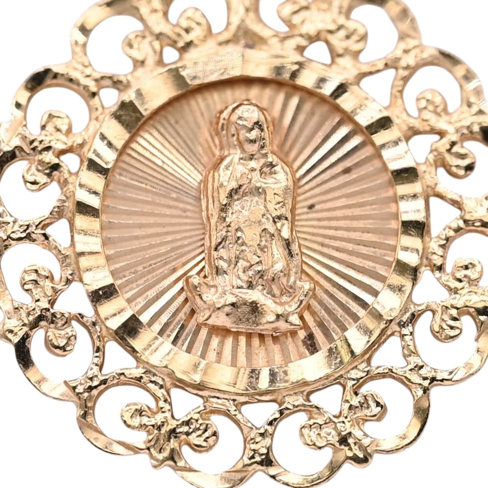 Round Filigree Our Lady of Guadalupe Saint Pendant 14K Yellow Gold