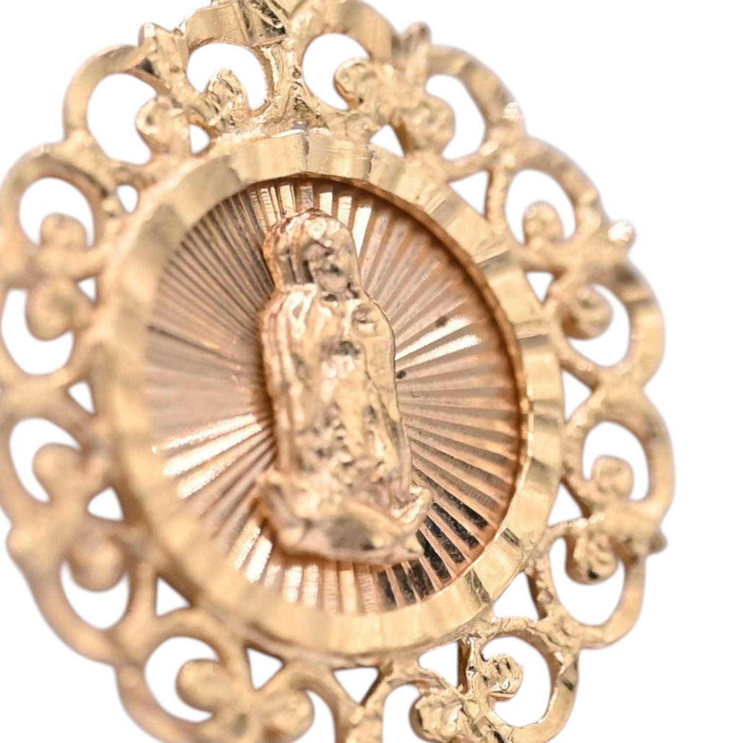 Round Filigree Our Lady of Guadalupe Saint Pendant 14K Yellow Gold