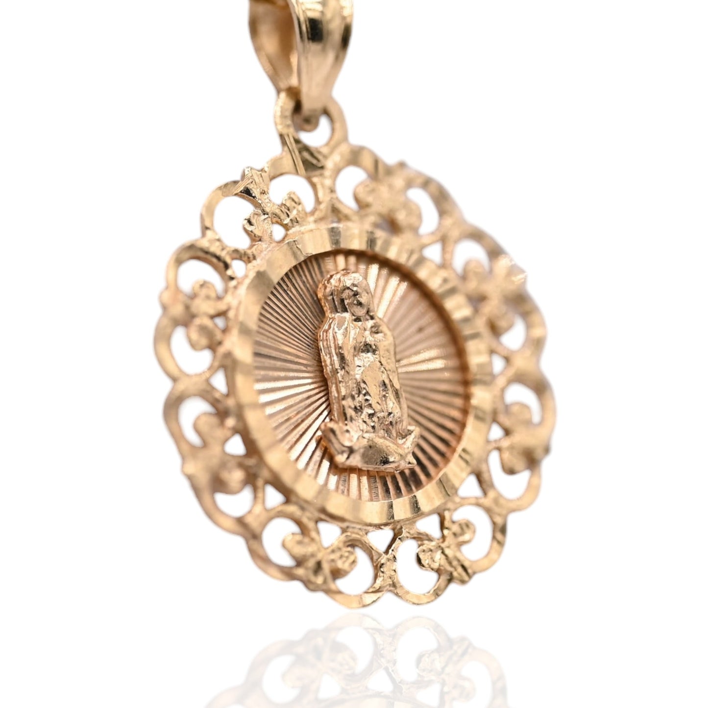 Round Filigree Our Lady of Guadalupe Saint Pendant 14K Yellow Gold