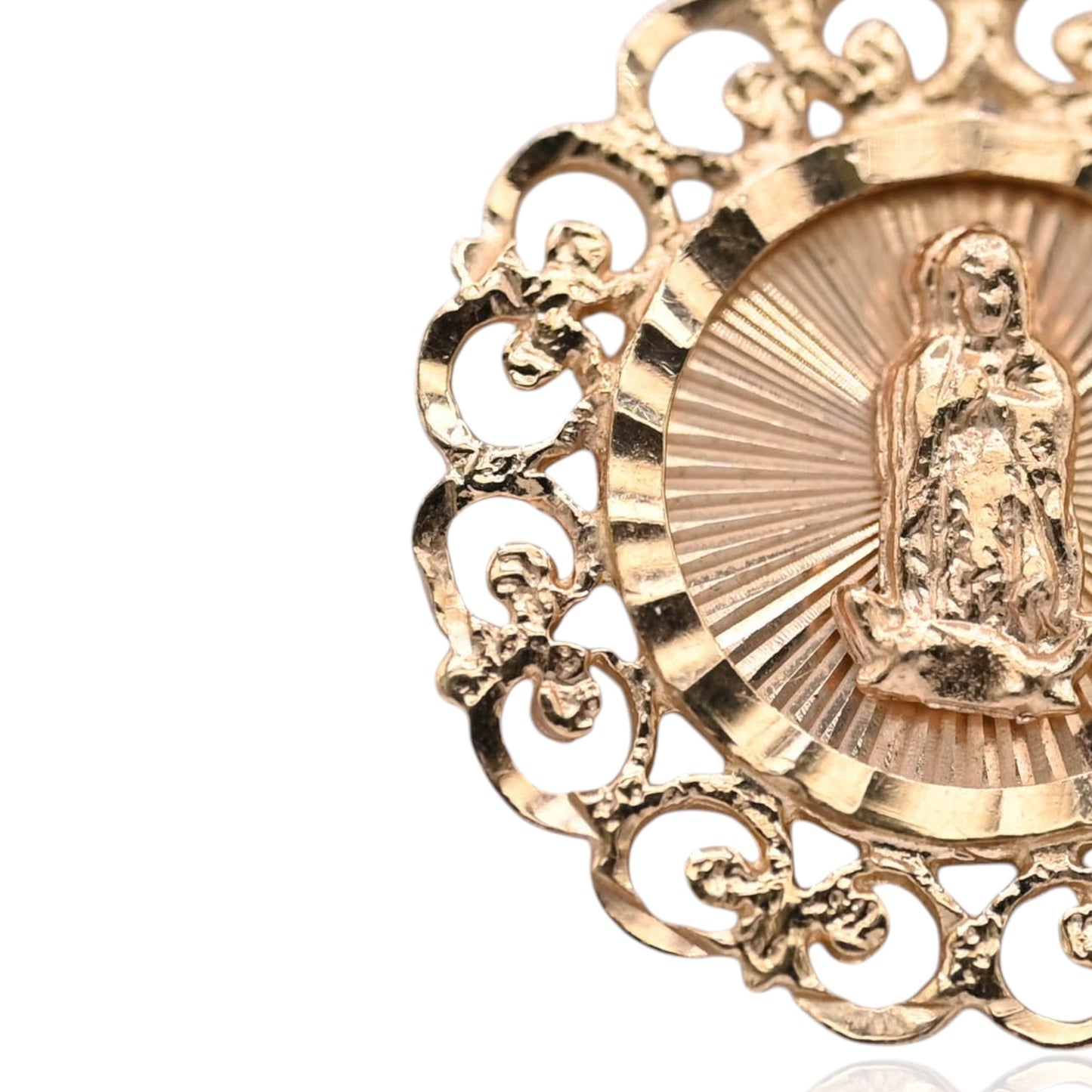 Round Filigree Our Lady of Guadalupe Saint Pendant 14K Yellow Gold