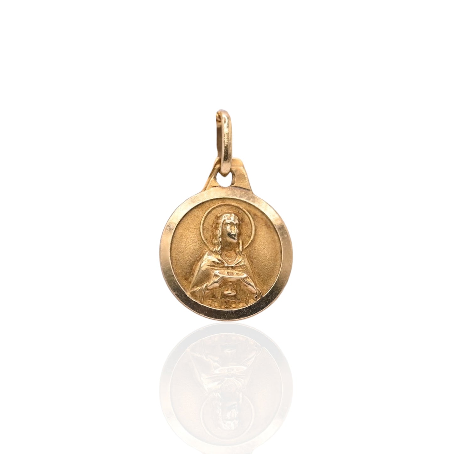 Saint Holding Cup Round Pendant 14K Yellow Gold