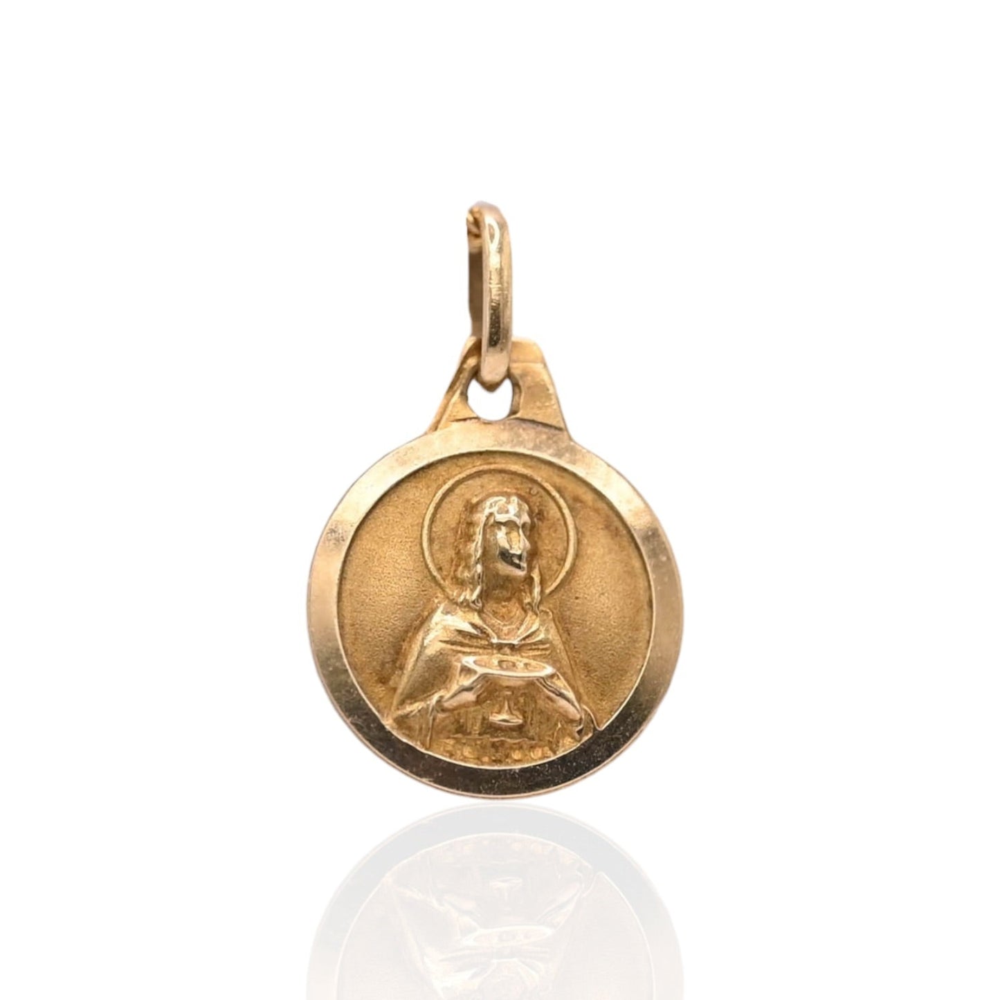 Saint Holding Cup Round Pendant 14K Yellow Gold