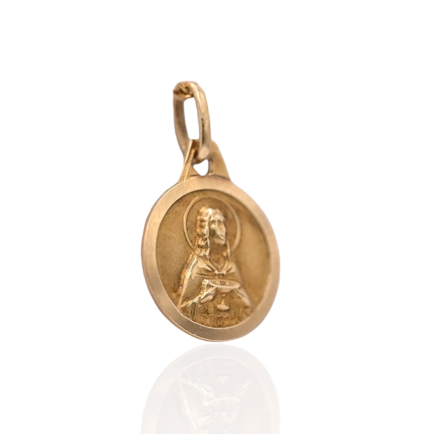 Saint Holding Cup Round Pendant 14K Yellow Gold