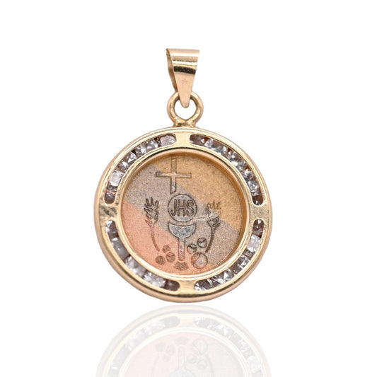 JHS Round Pendant with Channel Set Cubic Zirconia 14K Tri-color Gold