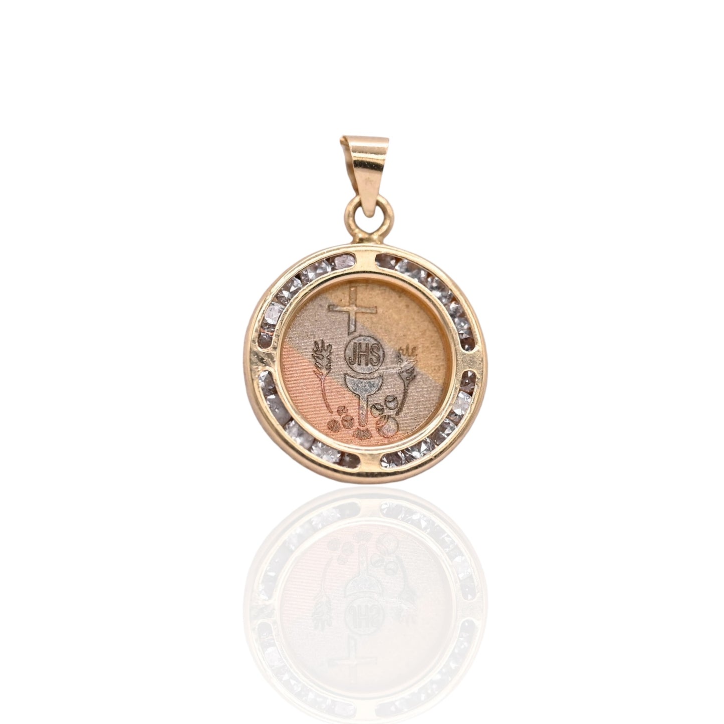 JHS Round Pendant with Channel Set Cubic Zirconia 14K Tri-color Gold