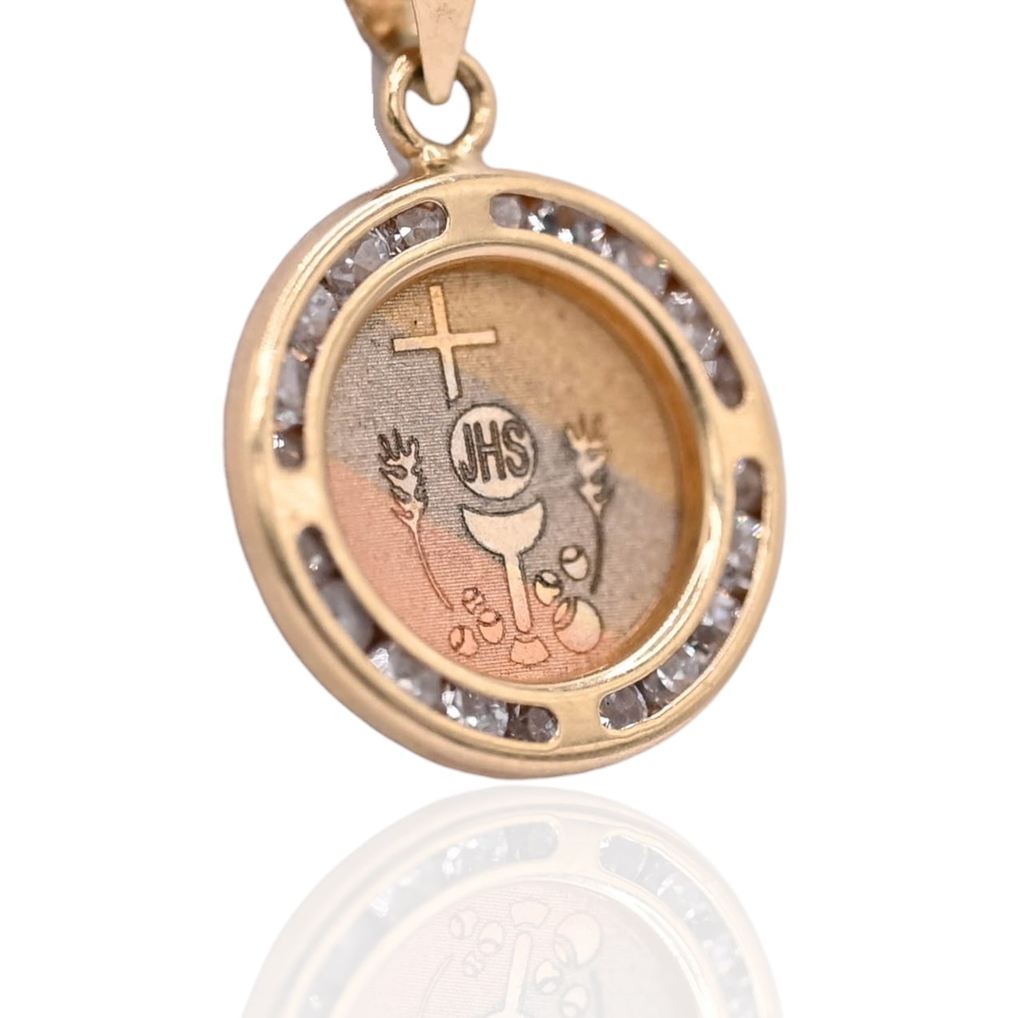 JHS Round Pendant with Channel Set Cubic Zirconia 14K Tri-color Gold