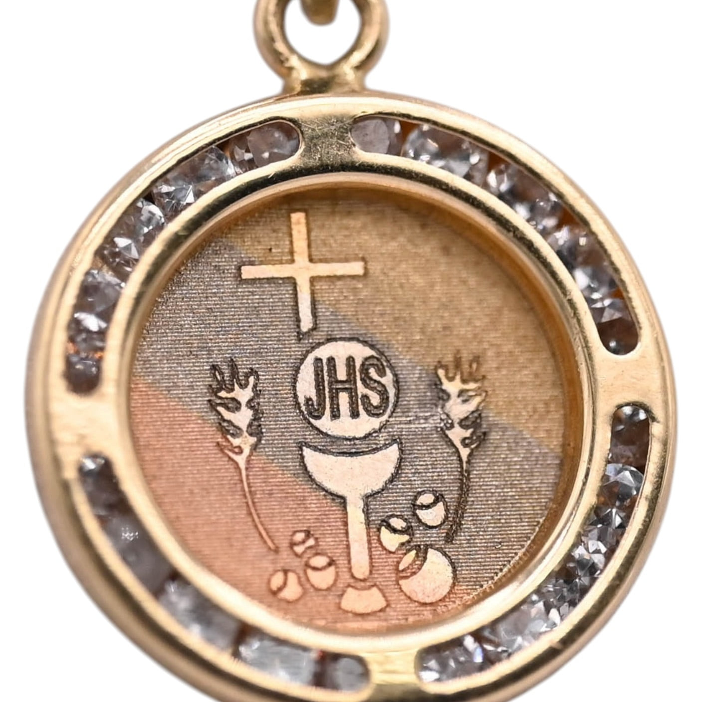 JHS Round Pendant with Channel Set Cubic Zirconia 14K Tri-color Gold