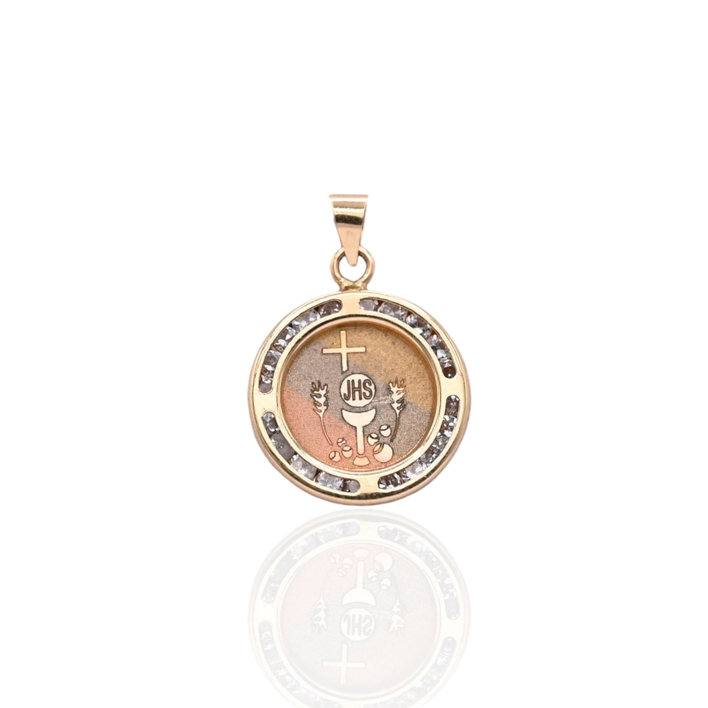 JHS Round Pendant with Channel Set Cubic Zirconia 14K Tri-color Gold