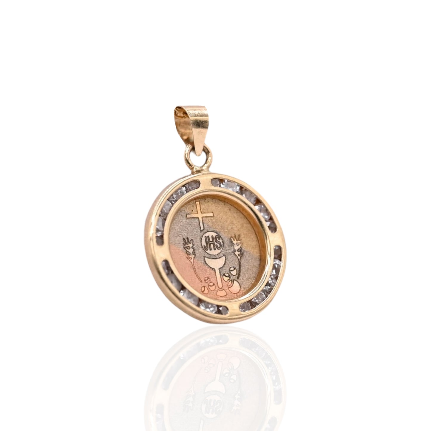 JHS Round Pendant with Channel Set Cubic Zirconia 14K Tri-color Gold