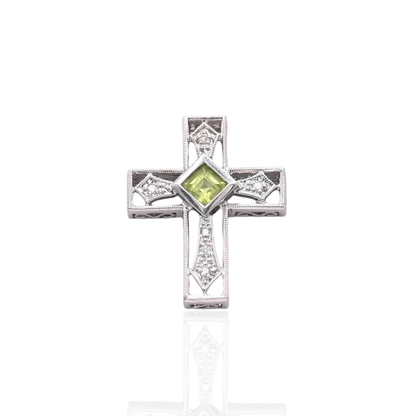 Ornate Peridot and Diamond Cross Slider Pendant 14K White Gold
