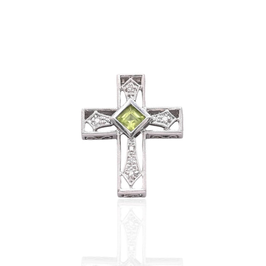 Ornate Peridot and Diamond Cross Slider Pendant 14K White Gold